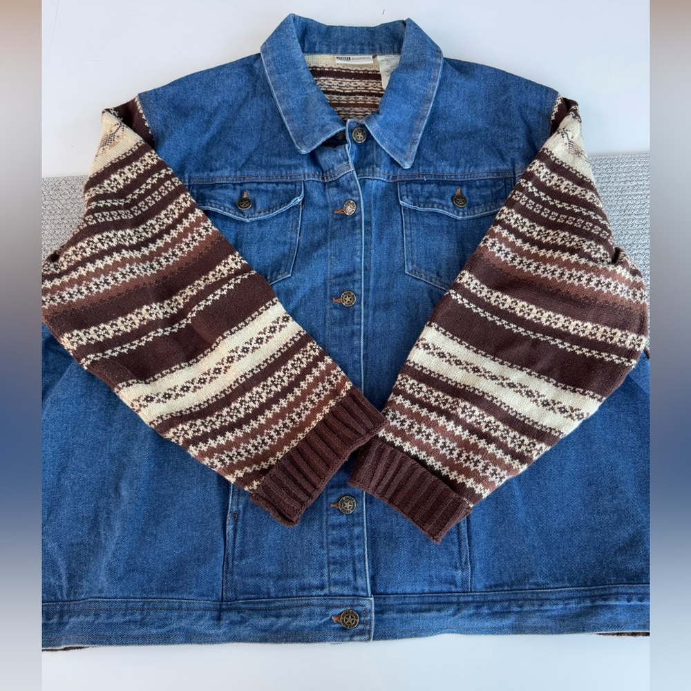 Vintage Faded Glory Denim Brown Fair Isle Sweater Top Jacket Shacket 22/24W XL
